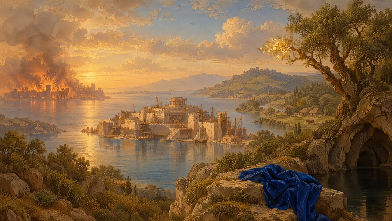 Painting: a city burning across the sea with a wooden horse before it, a new harbour city under scaffolding, a golden bough above a dark cave, and huts on a green hill by a river.
