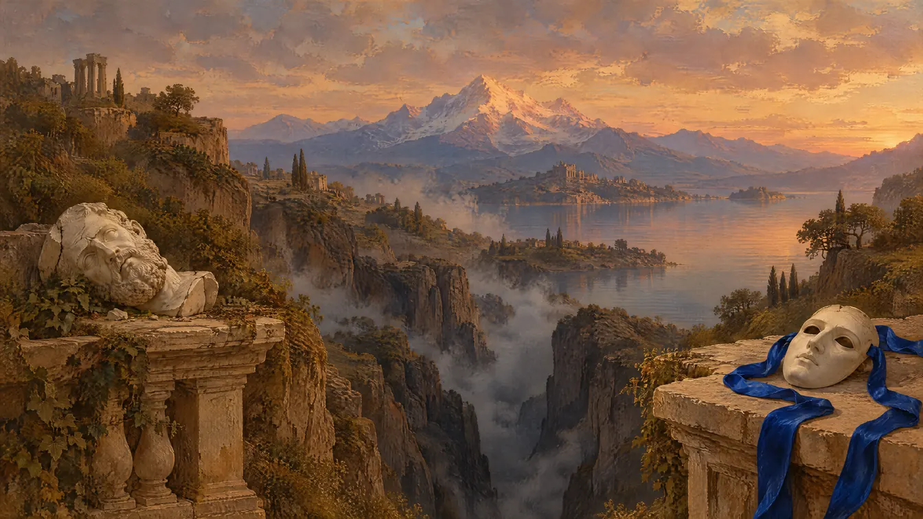 Painting: Beyond Good and Evil as one alpine landscape at dusk. A toppled marble bust, a misty chasm, a rose-lit summit above a lake, and a white mask with ultramarine ribbons.