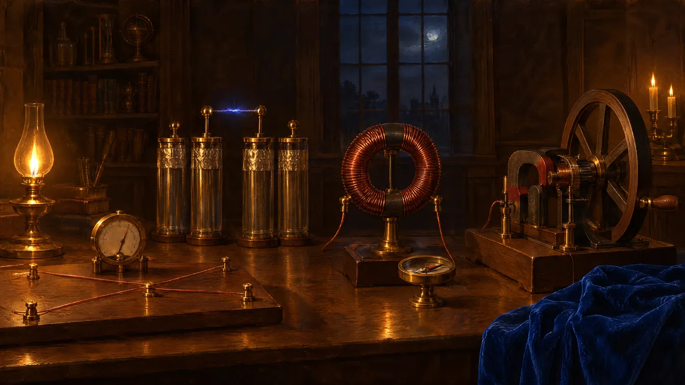 Painting: a candlelit study with a wiring board and galvanometer, a row of Leyden jars with a spark, a copper coil on an iron ring beside a compass, and a hand-cranked dynamo.