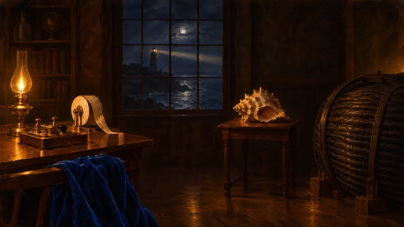 Painting: a coastal signal station at night with a telegraph key and paper tape, a lighthouse beam sweeping the sea outside, a conch shell, and a great coil of submarine cable.