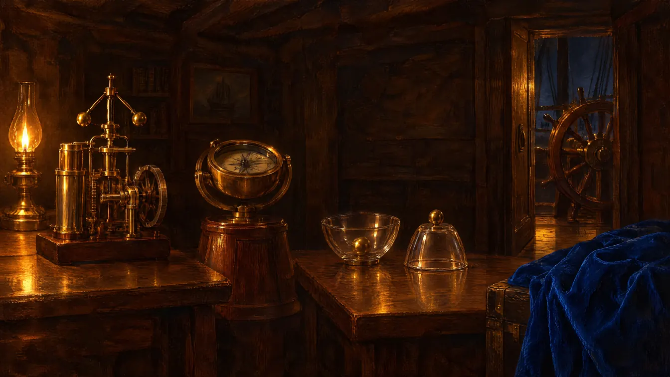 Painting: a ship's cabin by lamplight with a steam engine and flyball governor, a gimballed compass, a ball in a bowl and a ball balanced on an upturned bowl, and the ship's wheel through the doorway.