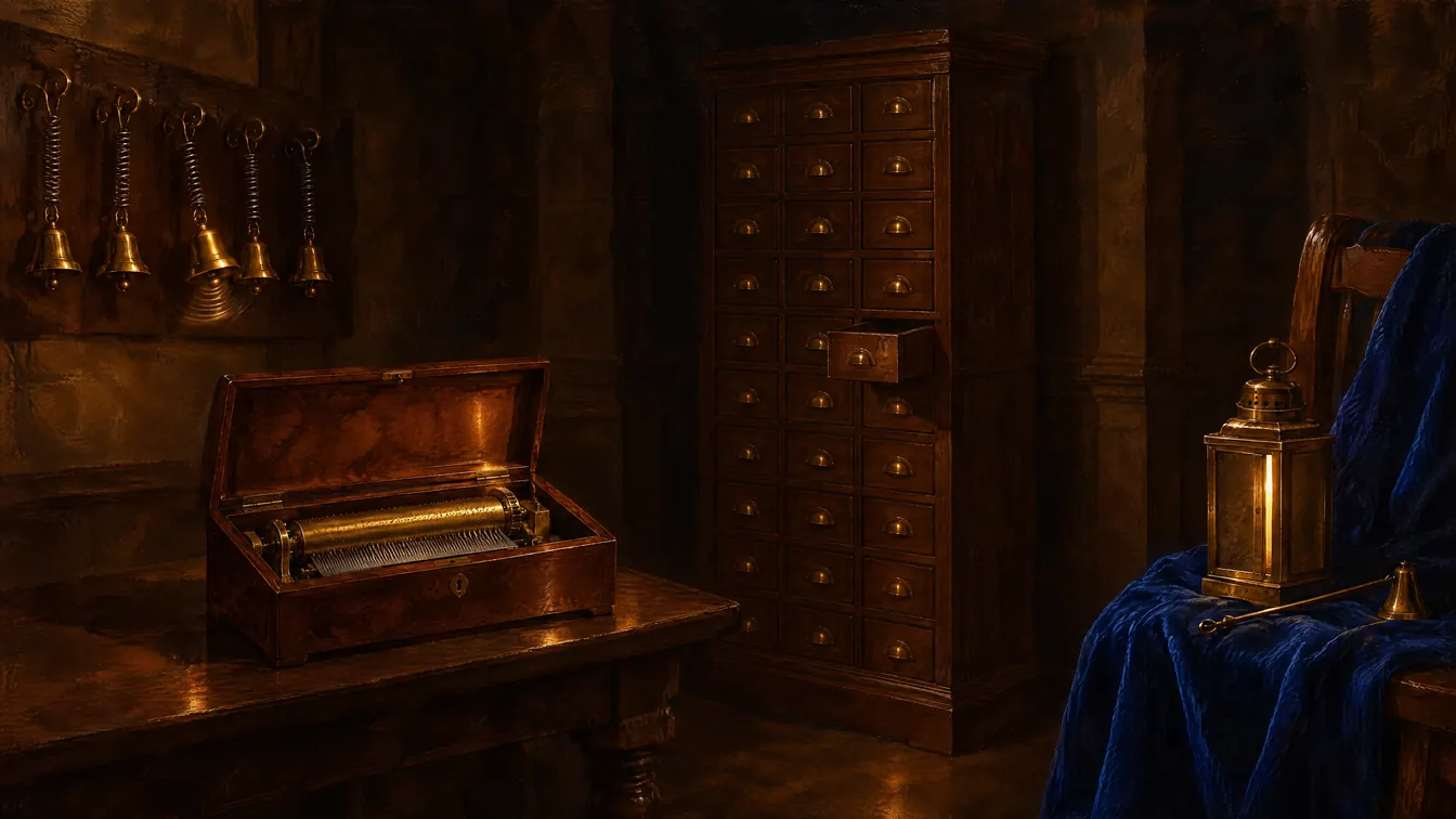 Painting: a great house's service passage with a board of servants' bells on springs, an open music box, a tall cabinet of small drawers, and a shuttered lantern on a chair.