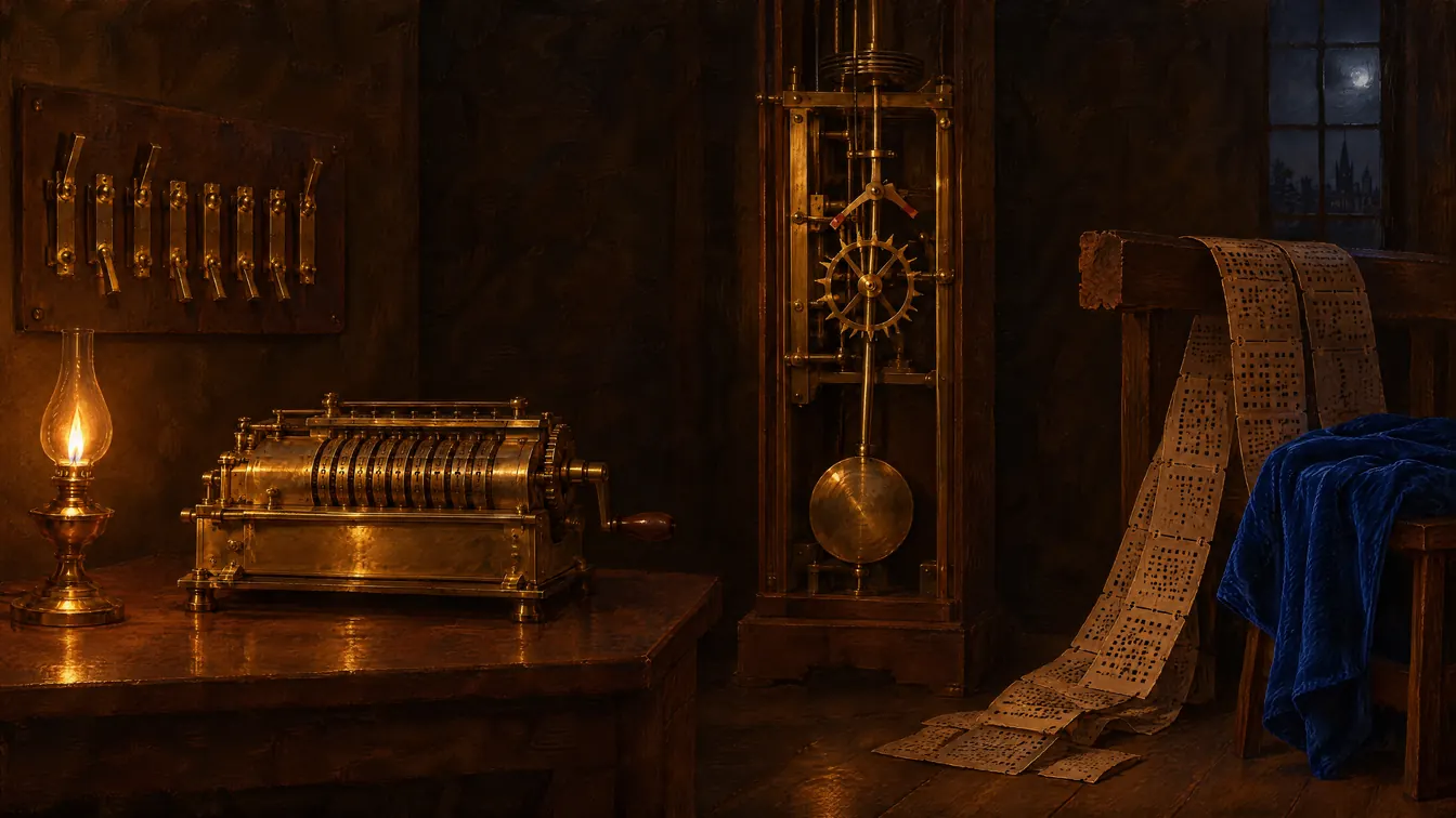 Painting: a mechanician's room with a row of brass knife switches, a calculating machine with stepped drums, an open clock movement with its escapement, and a chain of punched loom cards.