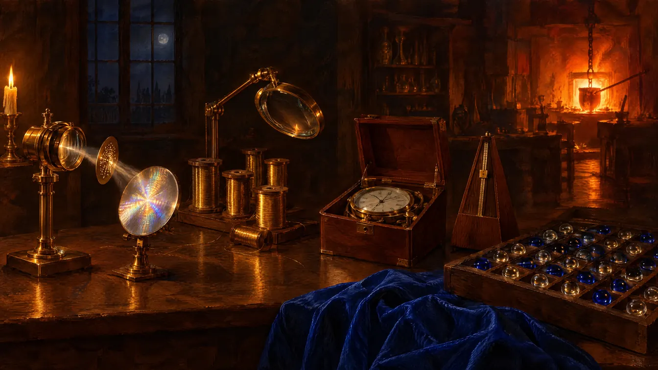 Painting: a crystal-maker's workshop with a lens projecting light through a pierced stencil onto a shimmering disc, spools of fine gold wire, a chronometer and metronome, and a tray of marbles in a grid, a furnace glowing behind.