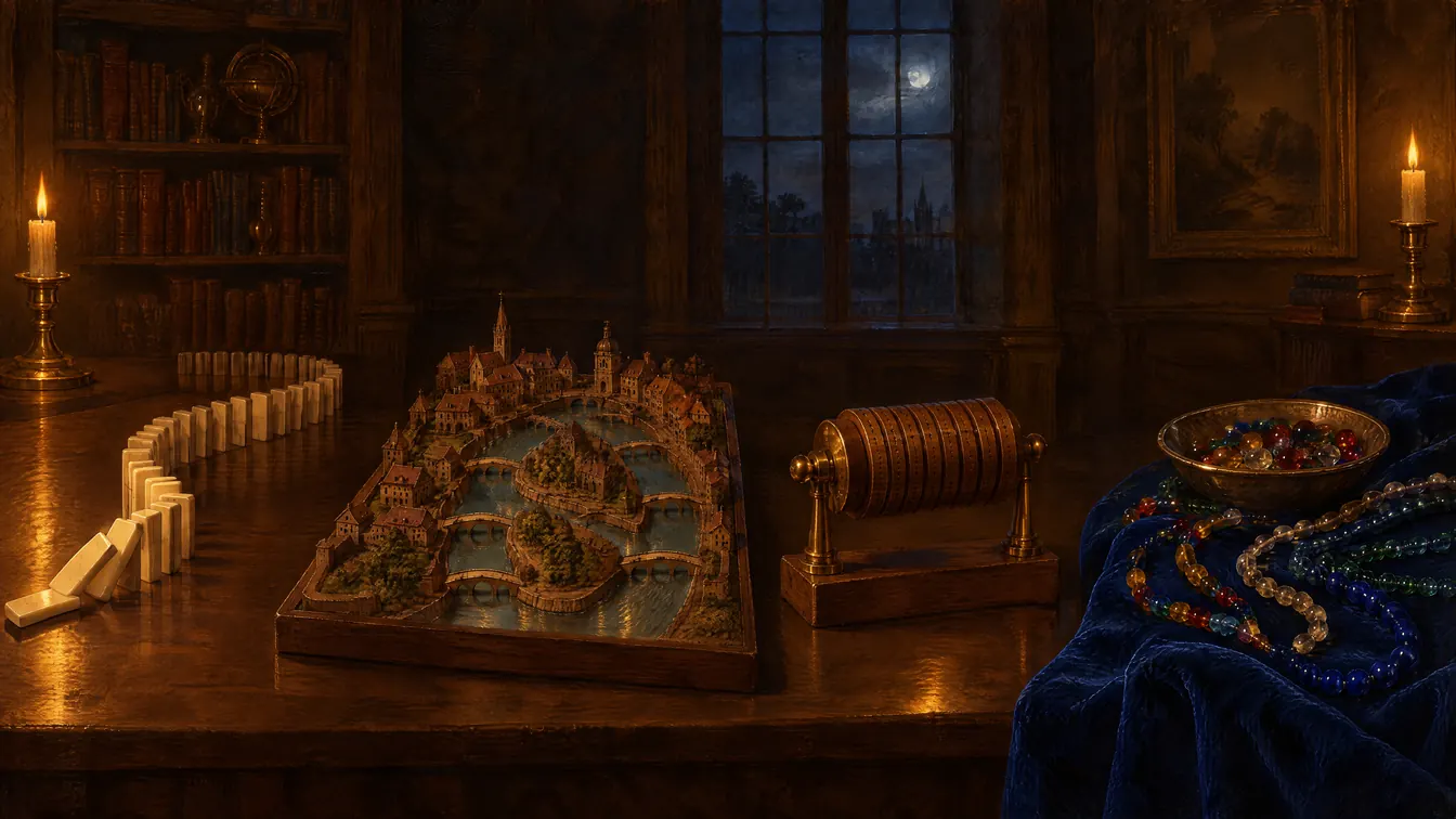 Painting: a library at night with a row of toppling dominoes, a model town of seven bridges, a cipher made of stacked wooden discs, and strings of coloured beads.