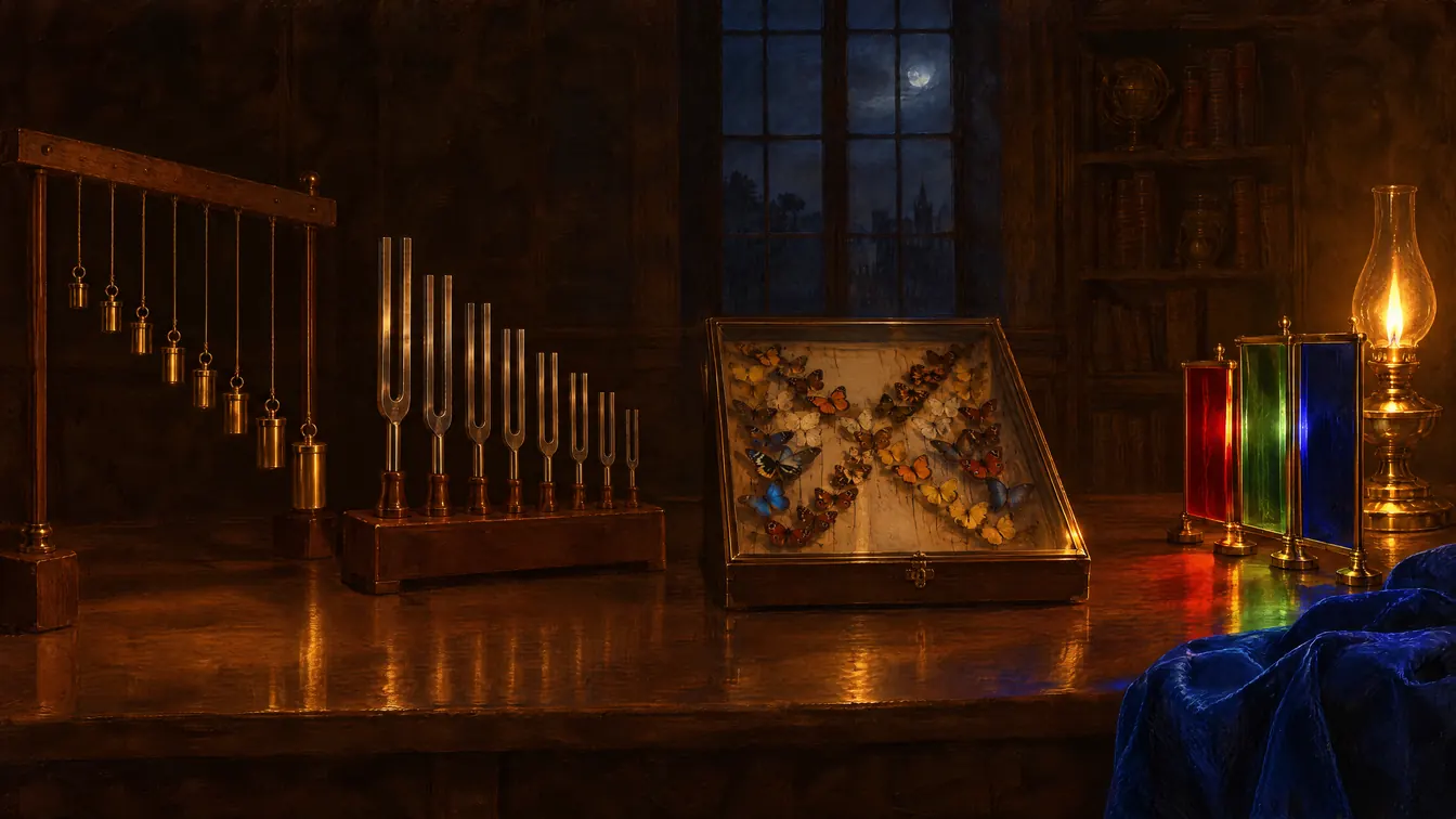 Painting: an acoustics laboratory with brass weights hanging on threads of graduated lengths, a rack of tuning forks, a case of butterflies pinned in an X, and coloured glass panes before a lamp.