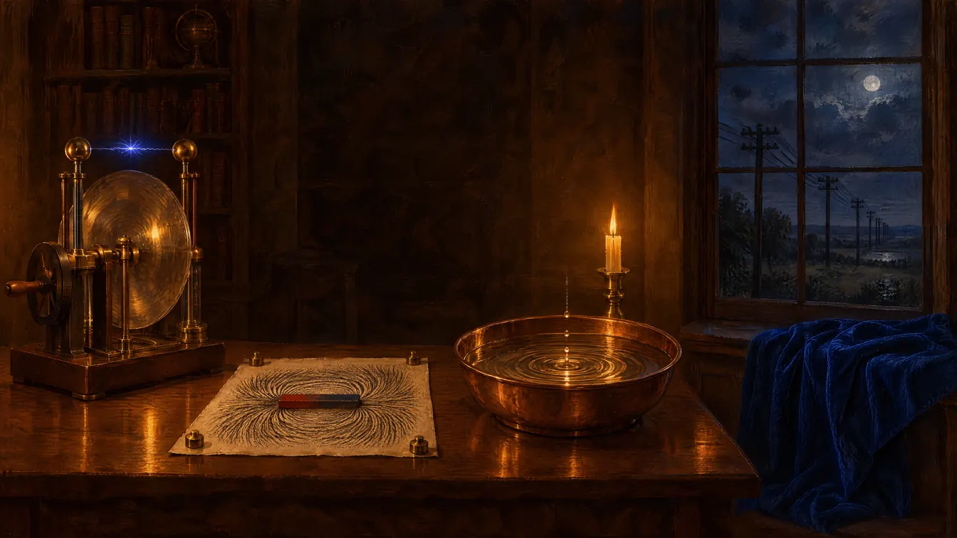 Painting: a lecture room with an electrostatic machine throwing a spark, iron filings around a bar magnet, ripples spreading in a copper basin, and telegraph wires outside the window.