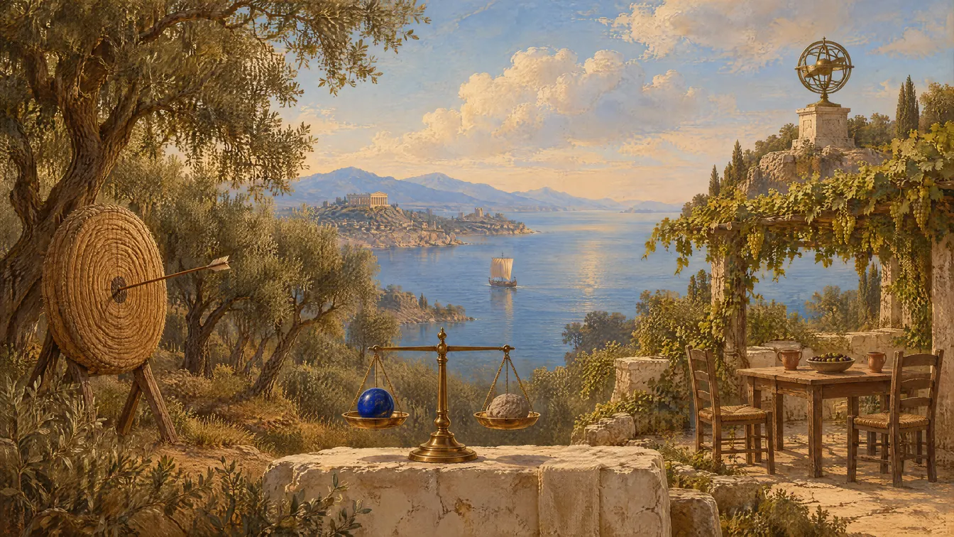 Painting: an Aegean morning. An archery target with an arrow in its centre, a level brass balance, two cups on a table under a pergola, and an armillary sphere on a hill.