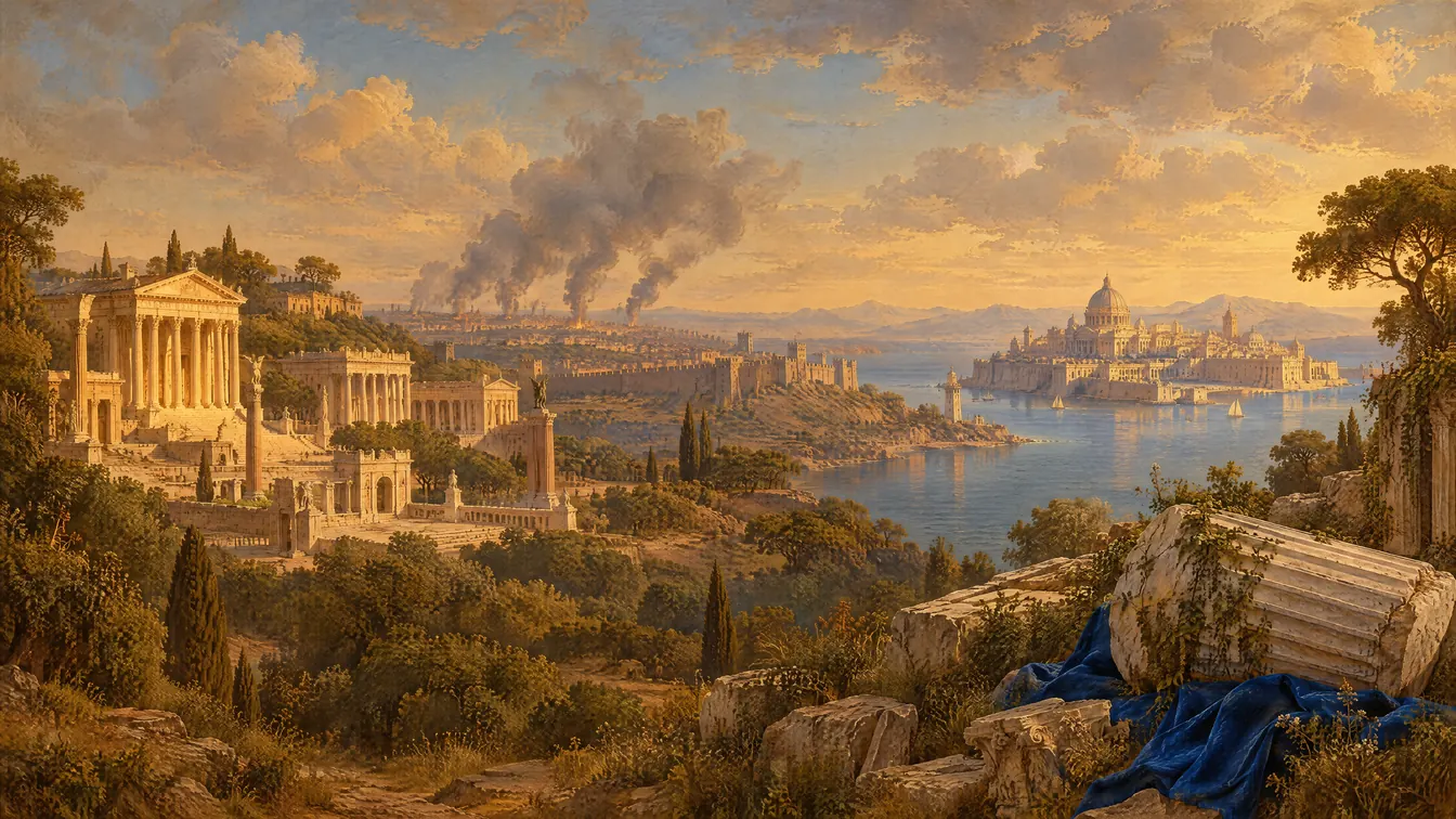 Painting: Rome's history in one view. A golden forum, smoke rising beyond the walls, a domed city across a strait, and a fallen column among ruins.