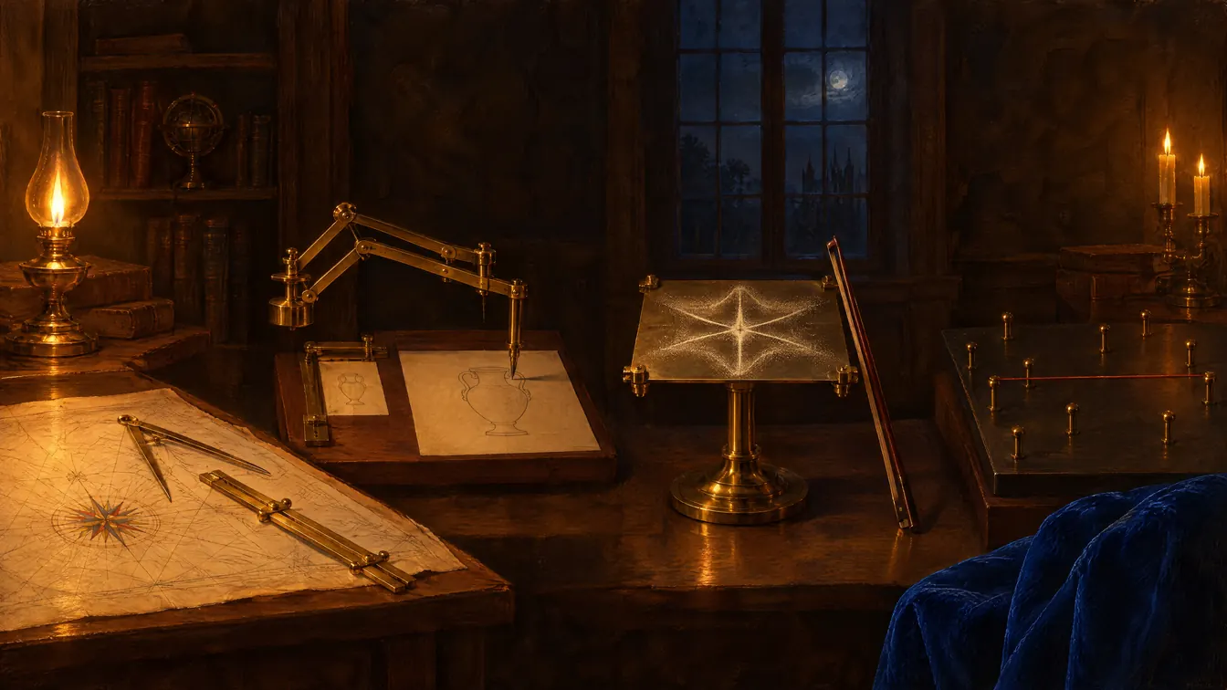 Painting: a cartographer's study with a sea chart, compass rose and dividers, a pantograph copying a vase, sand forming a star pattern on a bowed brass plate, and a thread stretched between scattered pins.