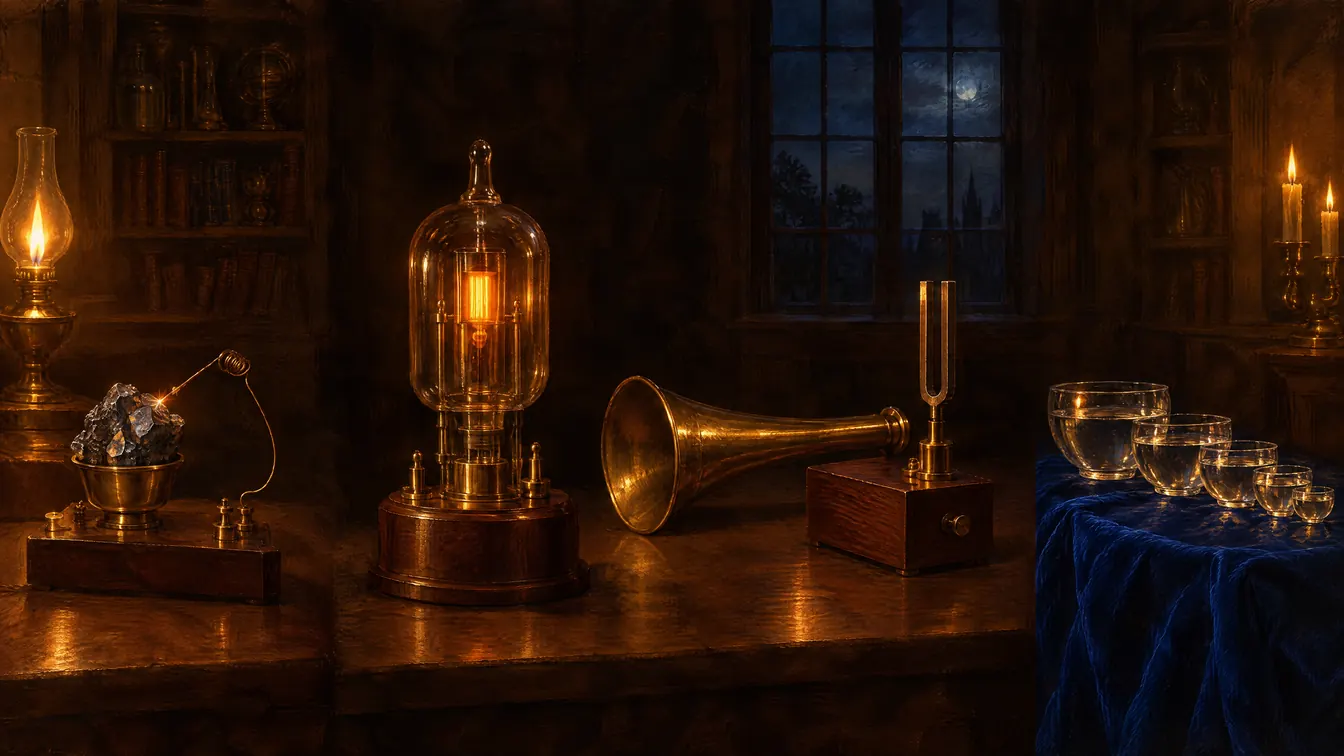 Painting: an instrument maker's bench with a galena crystal and cat's-whisker wire, a glowing glass valve, a brass speaking trumpet beside a tuning fork, and graduated glass bowls of water.