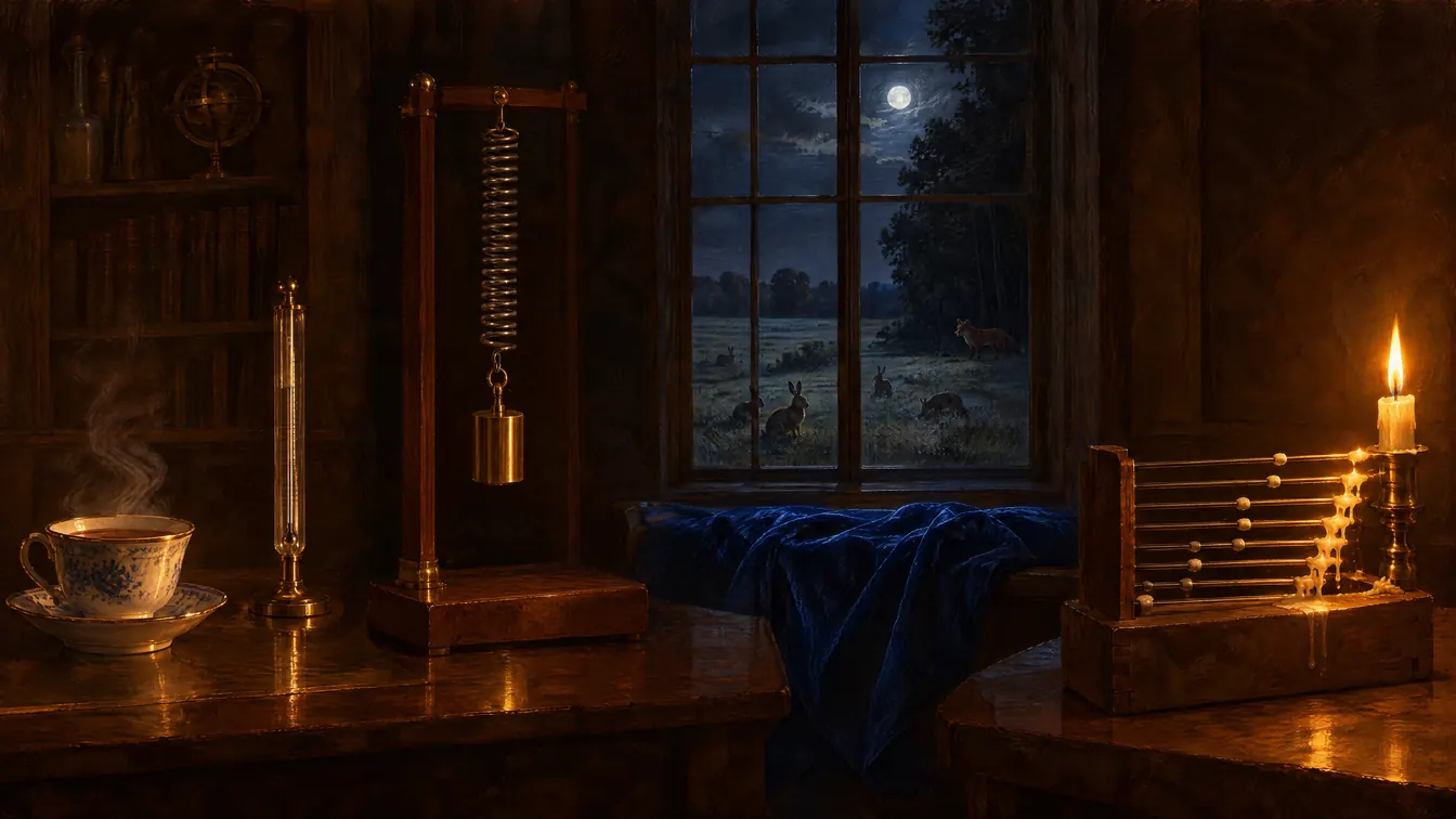 Painting: a country-house laboratory with a steaming cup of tea and a thermometer, a weight on a coiled spring, hares and a fox in the moonlit meadow outside, and wax melting along rods heated by a candle.