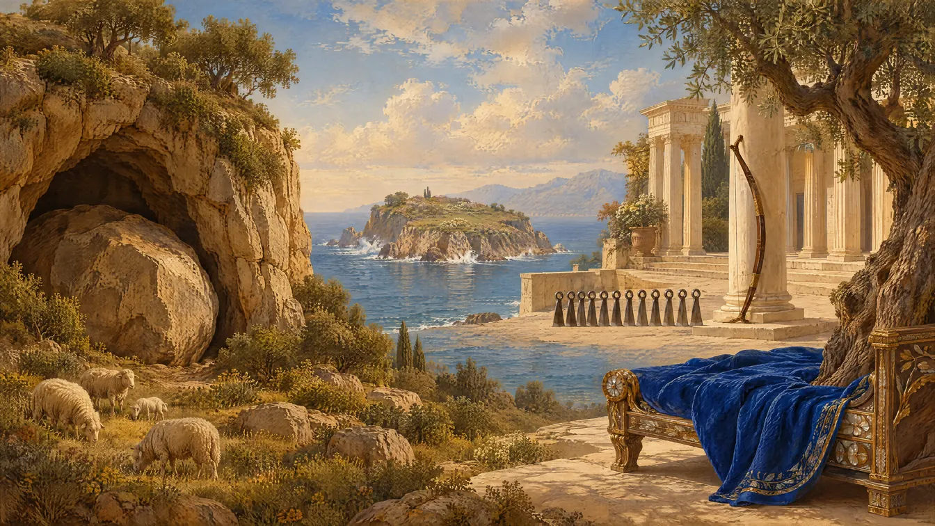 Painting: an Aegean morning. A boulder across a cave mouth with sheep grazing, a small rocky island in the surf, a bow beside a row of twelve axe-heads, and a bed built around an olive tree.