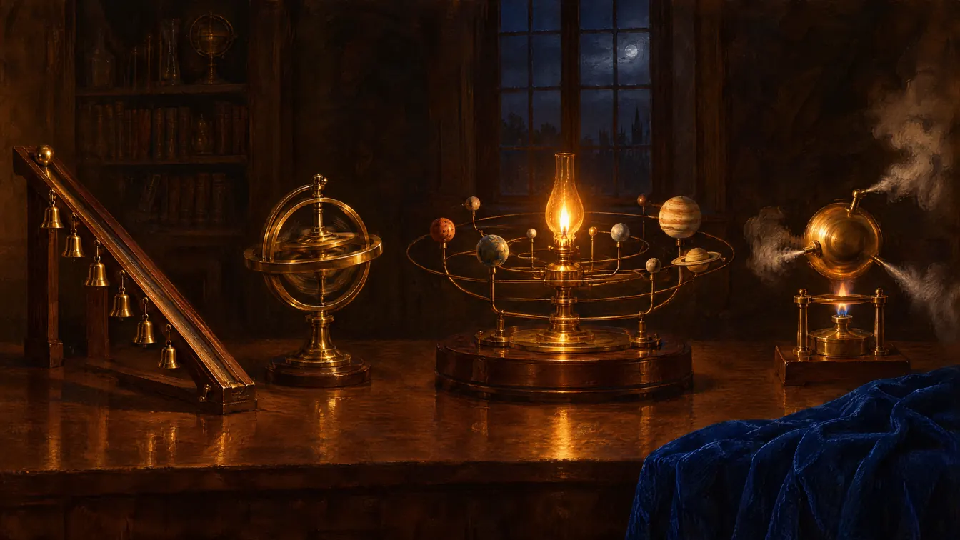 Painting: a lecture room with a ball at the top of an inclined plane hung with bells, a gyroscope, a brass orrery around a lamp, and Hero's steam sphere spinning over a flame.