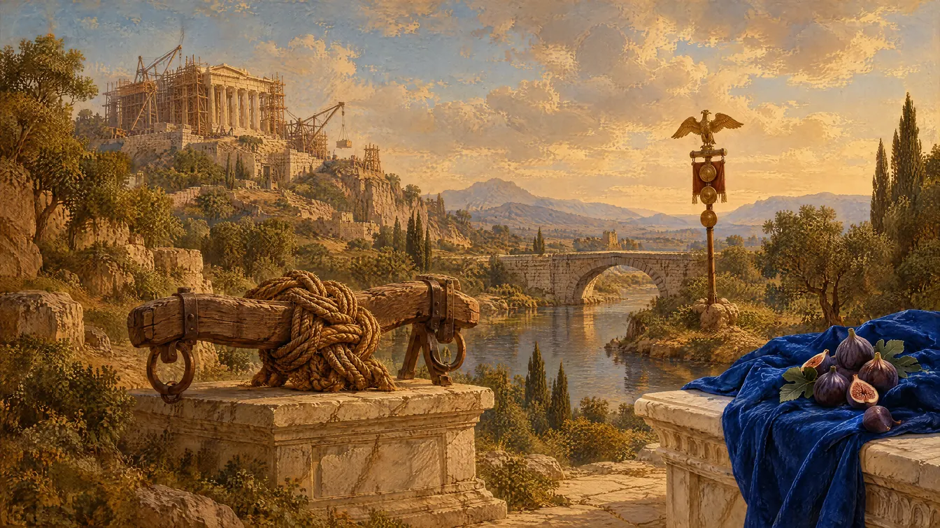 Painting: a temple on a citadel wrapped in scaffolding, a yoke tied with a great knot, a river bridge with an eagle standard, and fresh figs on ultramarine cloth.