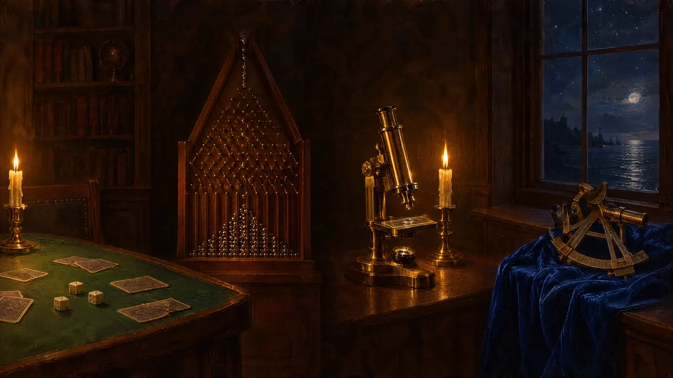Painting: a study at night with dice and cards on a baize table, a Galton board of pins with balls piling into a bell curve, a microscope by a candle, and a sextant by a window onto the sea.