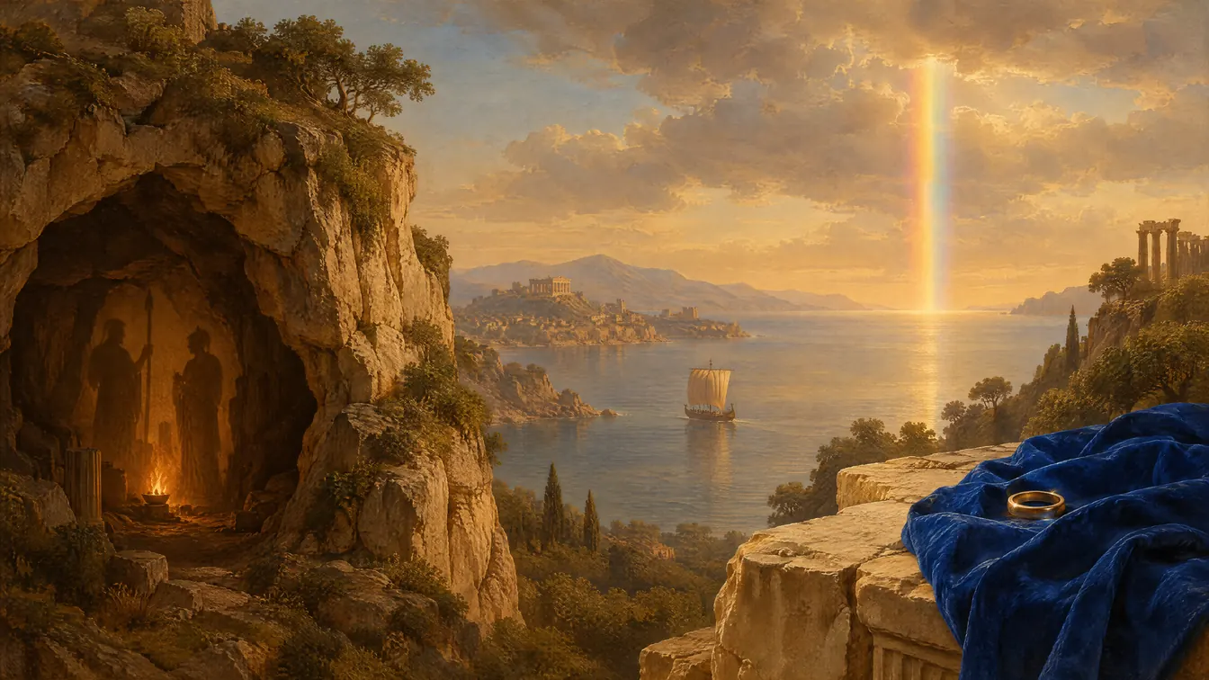Painting: the Republic as one landscape. A firelit cave with shadows on its wall, a ship in the bay, a pillar of rainbow light in the sky, and a gold ring on ultramarine silk.
