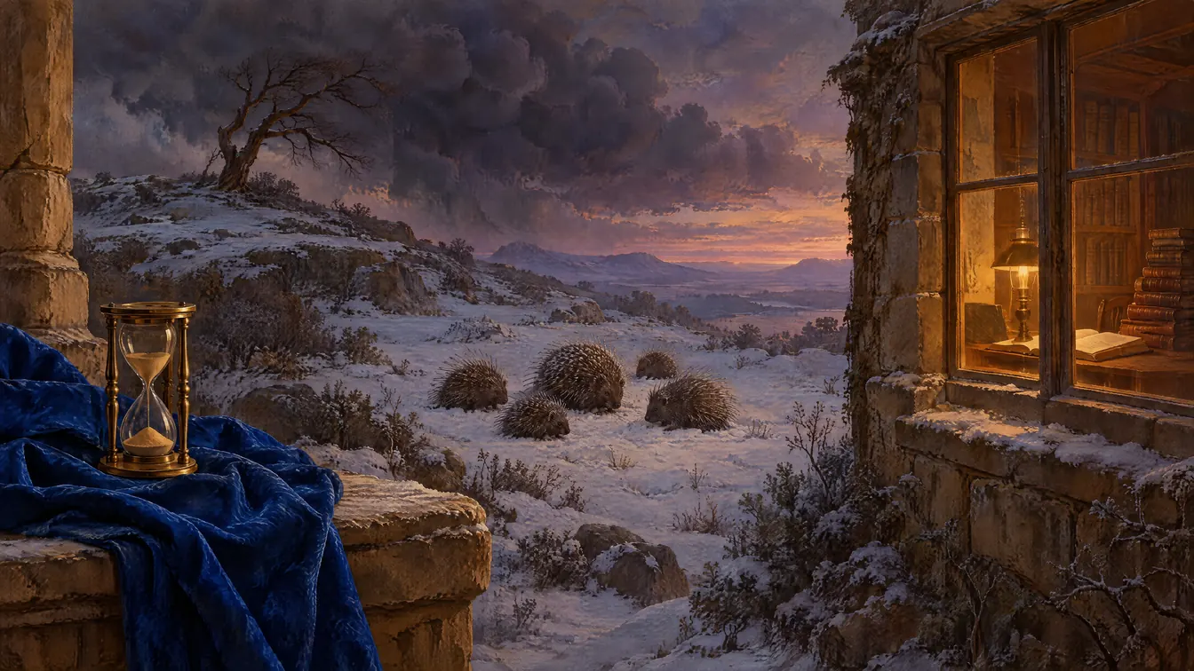 Painting: a winter dusk. An hourglass on ultramarine silk, a storm-bent tree on a hill, porcupines huddled in the snow, and the lamplit window of a study.