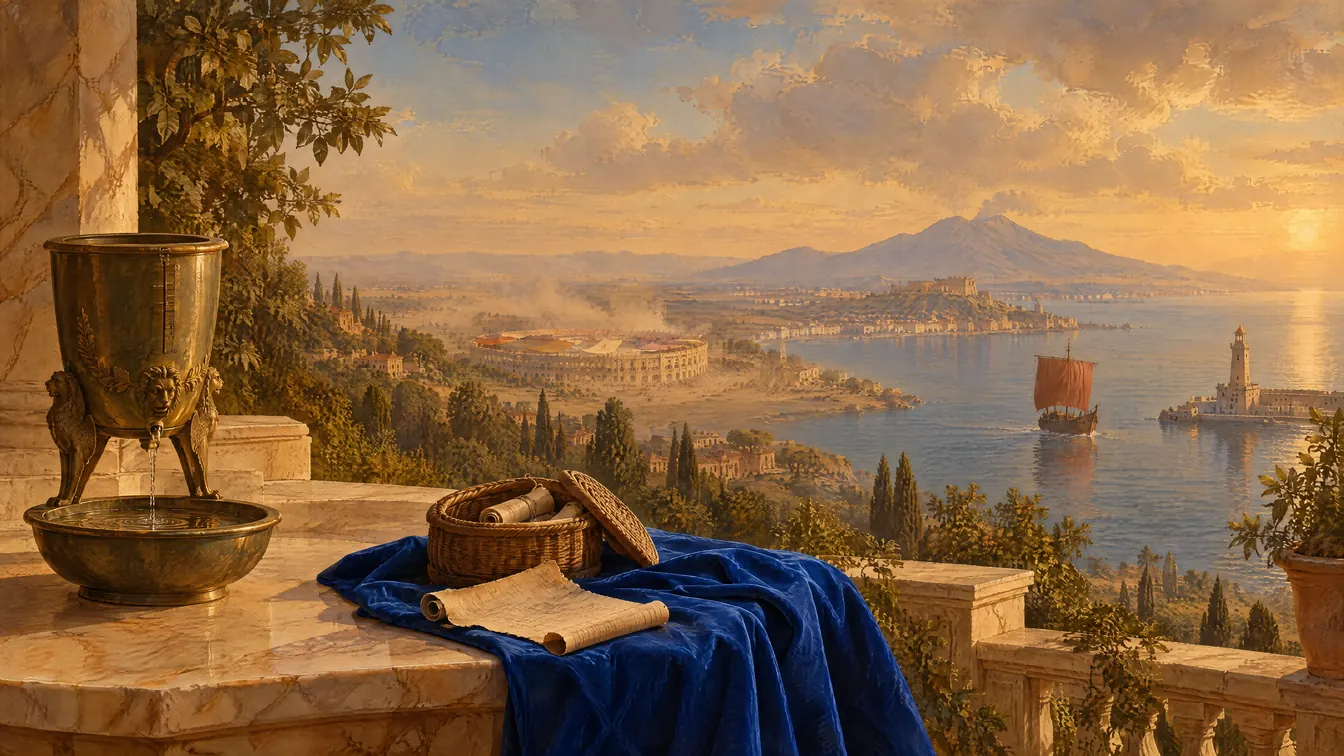 Painting: a villa terrace above the Bay of Naples. A bronze water clock, a few scrolls on ultramarine cloth, an amphitheatre in a haze of dust, and a ship leaving harbour.