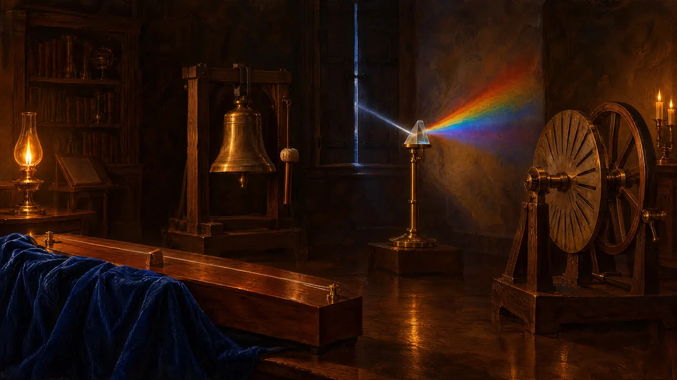 Painting: a music room turned laboratory with a monochord, a bronze bell in a frame, a prism splitting a beam of moonlight into a rainbow, and a slotted disc in front of a spoked wheel.