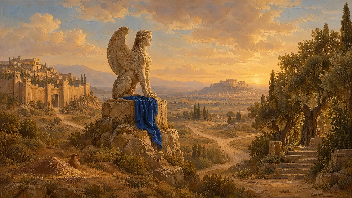 Painting: Thebes at evening. A burial mound outside the city walls, a winged sphinx above a plain where three roads meet, and a sacred grove of olive and laurel.