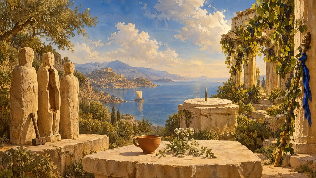 Painting: a blazing noon. Hollow stone idols with a hammer, a clay cup beside a sprig of hemlock, a sundial with almost no shadow, and a vine-grown temple with an ivy staff tied with an ultramarine ribbon.