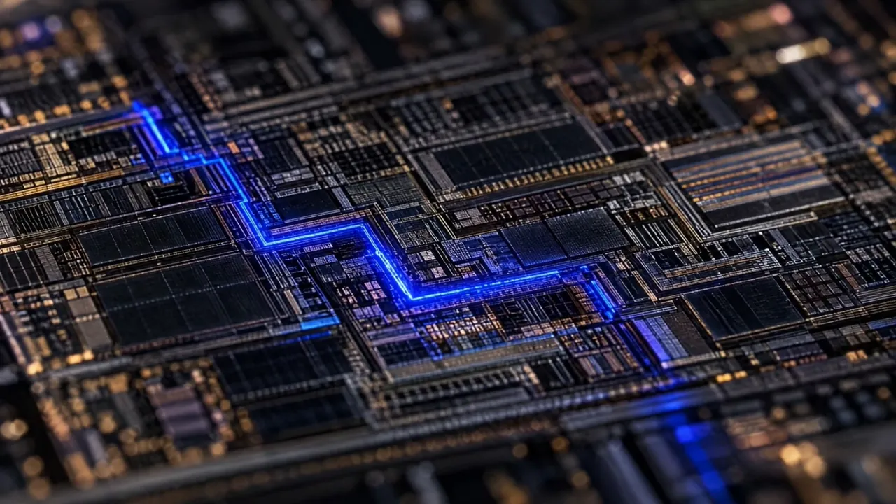 Extreme macro of a silicon die: dense circuitry with one cobalt-blue signal path lit up.